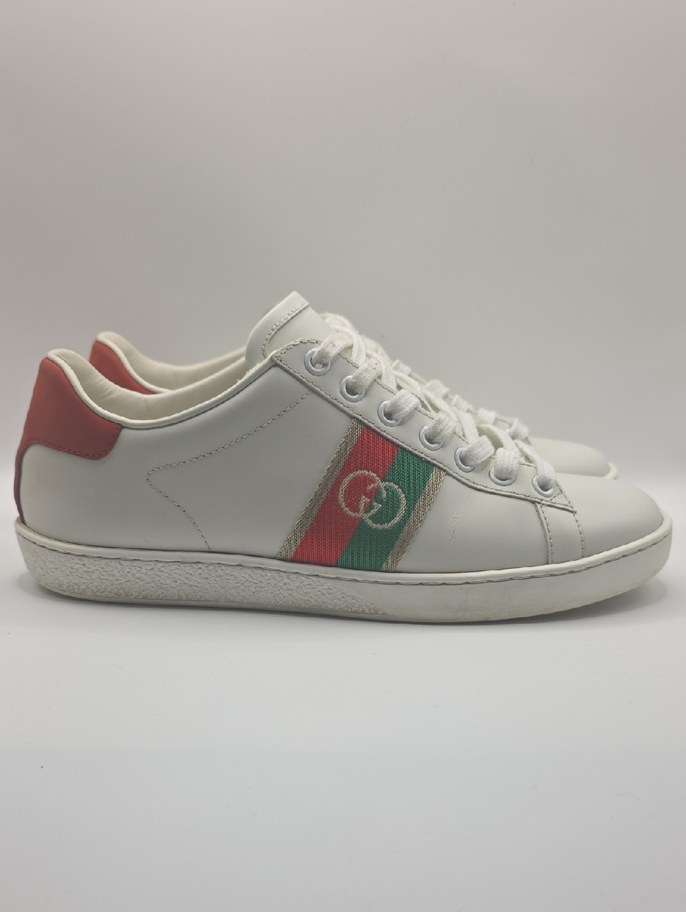 Gucci White Sneakers with Red & Green Web and Red Heel